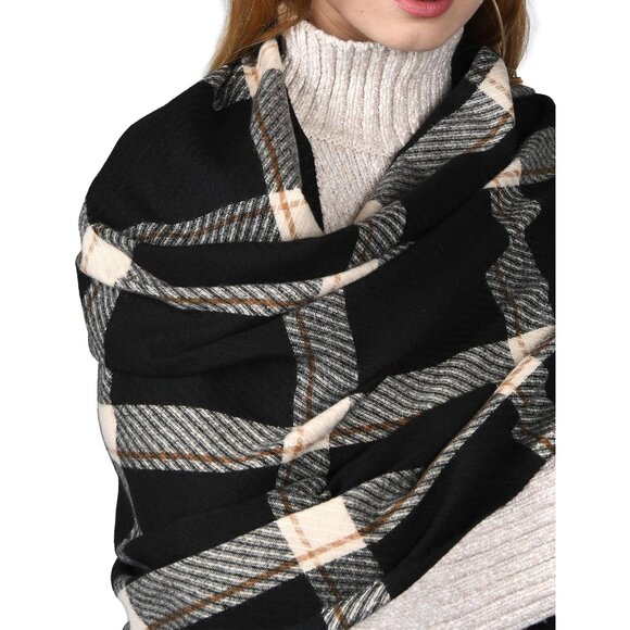 Women's Black Winter Shawl Soft Tassel Plaid Large Oversized Scarves Wraps - Picture 7 of 7
